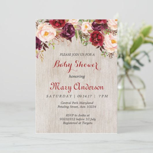 Rustic Red Marsala Baby shower Uitnodiging (Staand voorkant)