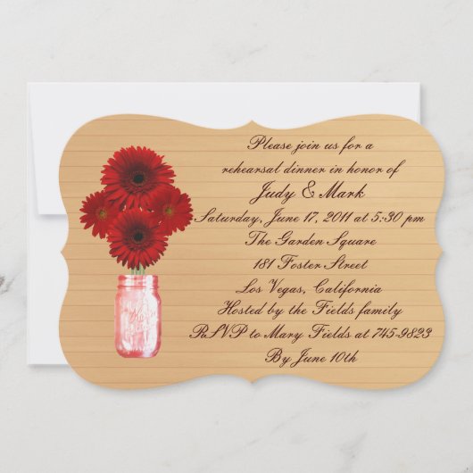 Rustic Red Mason Jar Rehearsal Dinner Invite Kaart (Voorkant)