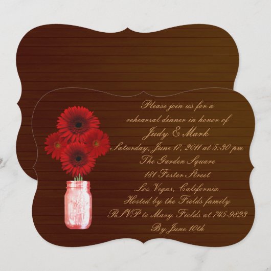 Rustic Red Mason Jar Rehearsal Dinner Invite Kaart (Voorkant / Achterkant)
