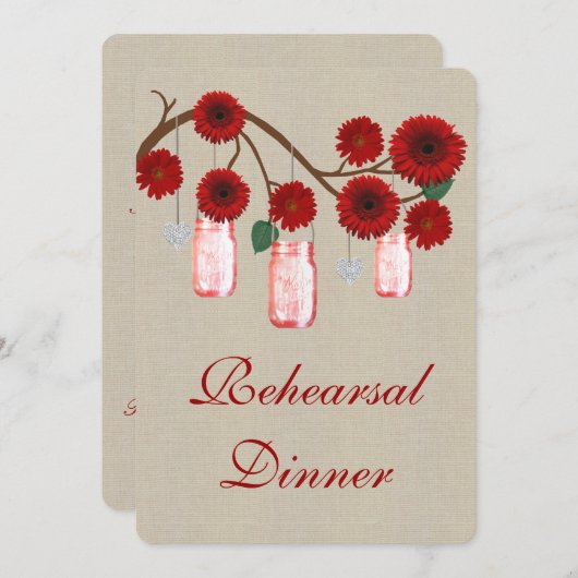 Rustic Red Mason Jars Rehearsal Dinner Invitation Kaart (Voorkant / Achterkant)