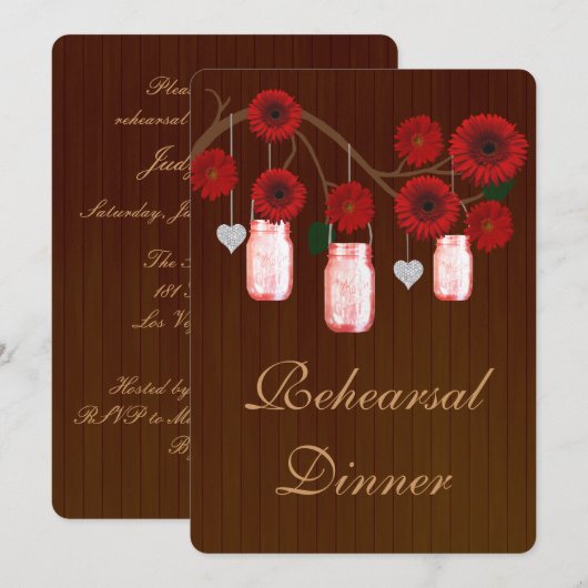Rustic Red Mason Jars Rehearsal Dinner Invite Kaart (Voorkant / Achterkant)
