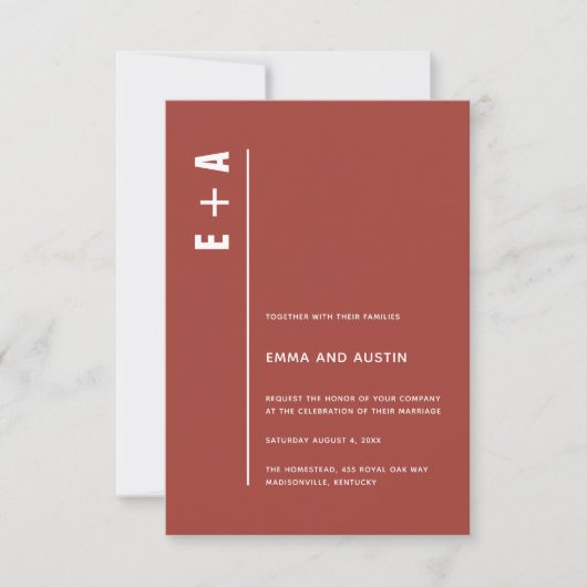 Rustic Red Modern Minimal Bold Initialen Wedding Kaart (Voorkant)