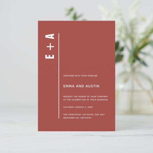 Rustic Red Modern Minimal Bold Initialen Wedding Kaart (Staand voorkant)