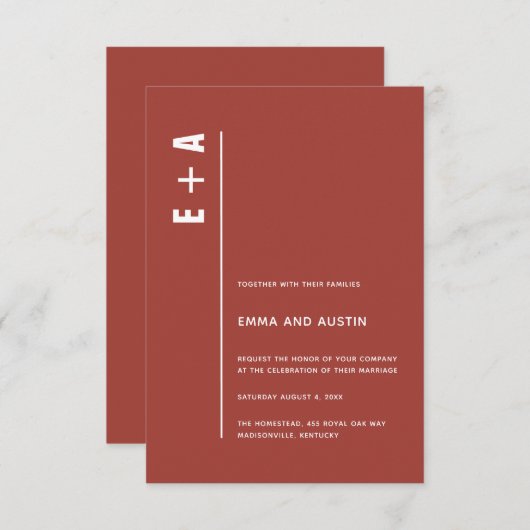 Rustic Red Modern Minimal Bold Initialen Wedding Kaart (Voorkant / Achterkant)