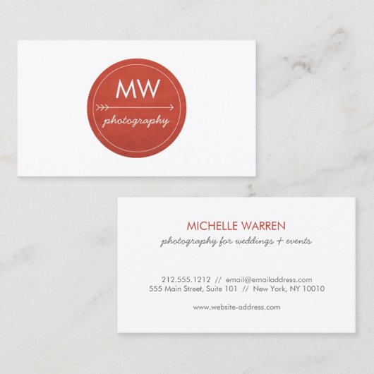 Rustic Red Monogram Cirkel met Pijl Visitekaartje (Voorkant / Achterkant)