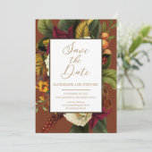 Rustic Red | Oranje Floral Bouquet Blauwgroen Save The Date (Staand voorkant)