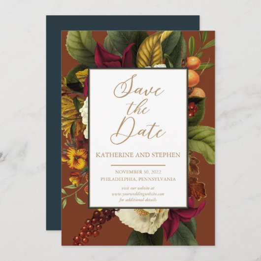 Rustic Red | Oranje Floral Bouquet Blauwgroen Save The Date (Voorkant / Achterkant)