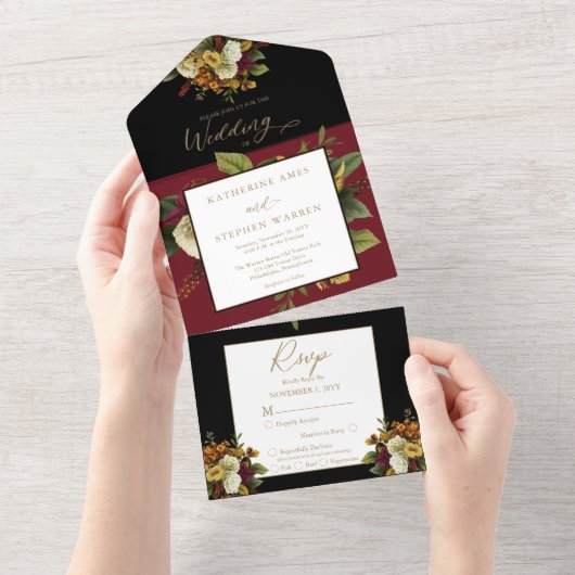 Rustic Red | Oranje Floral Bouquet-bruiloft All In One Uitnodiging (Afscheurbaar)