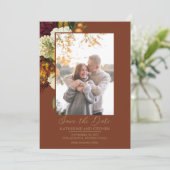 Rustic Red | Oranje Floral Bouquet Foto Rust Blauw Save The Date (Staand voorkant)
