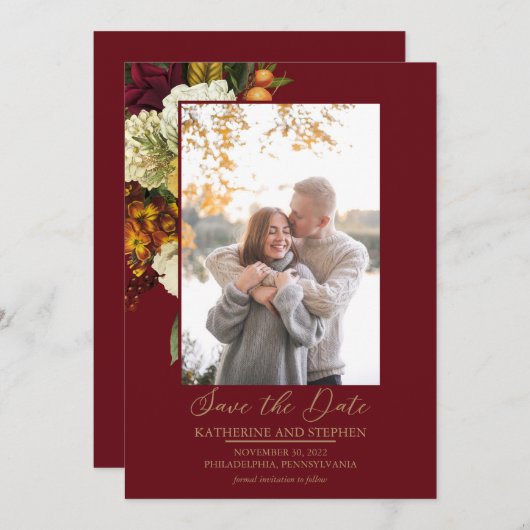 Rustic Red | Oranje foto van Floral Bouquet Save The Date (Voorkant / Achterkant)