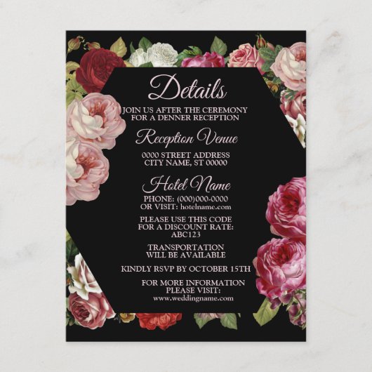 Rustic Red Pink Floral Greenery Black Detail Informatiekaartje (Voorkant)