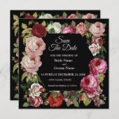 Rustic Red Pink Floral Greenery Black Save The Date (Voorkant / Achterkant)