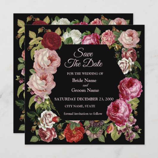 Rustic Red Pink Floral Greenery Black Save The Date (Voorkant / Achterkant)