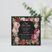 Rustic Red Pink Floral Greenery Black Save The Date (Staand voorkant)