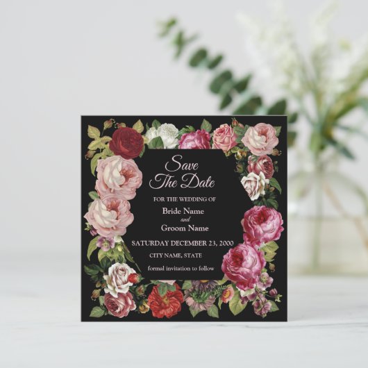 Rustic Red Pink Floral Greenery Black Save The Date (Staand voorkant)