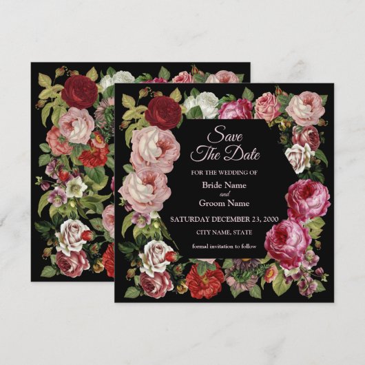 Rustic Red Pink Floral Greenery Black Save The Date (Voorkant / Achterkant)