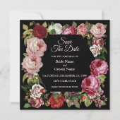 Rustic Red Pink Floral Greenery Black Save The Date (Voorkant)