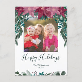 Rustic Red Pink Poinsettia Greenery Photo Holiday Briefkaart