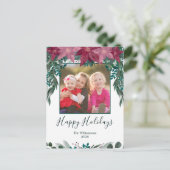 Rustic Red Pink Poinsettia Greenery Photo Holiday Briefkaart (Staand voorkant)