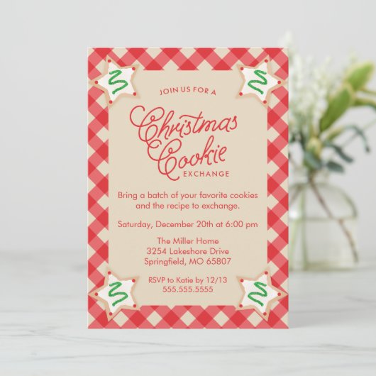 Rustic Red Plaid Christmas Cookie Exchange Kaart (Staand voorkant)