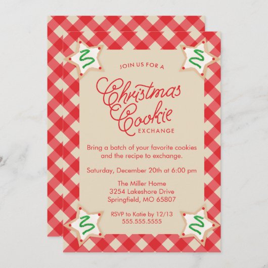 Rustic Red Plaid Christmas Cookie Exchange Kaart (Voorkant / Achterkant)
