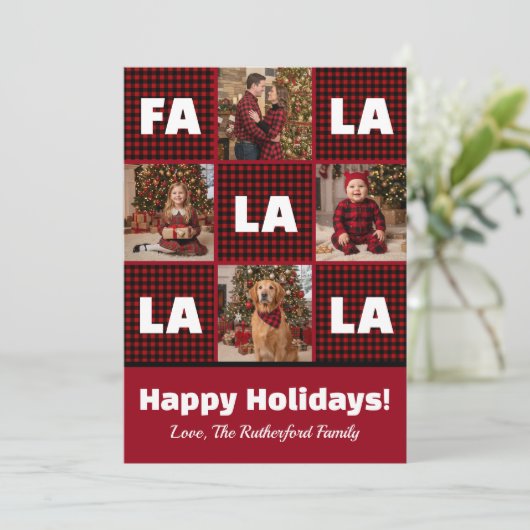 Rustic Red Plaid Fa La La Custom Photo Christmas Feestdagenkaart (Staand voorkant)