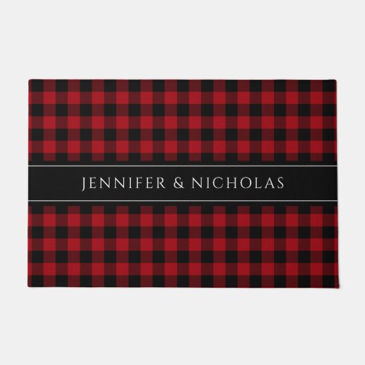 Rustic Red Plaid Gingham Naam Deurmat (Voorkant)