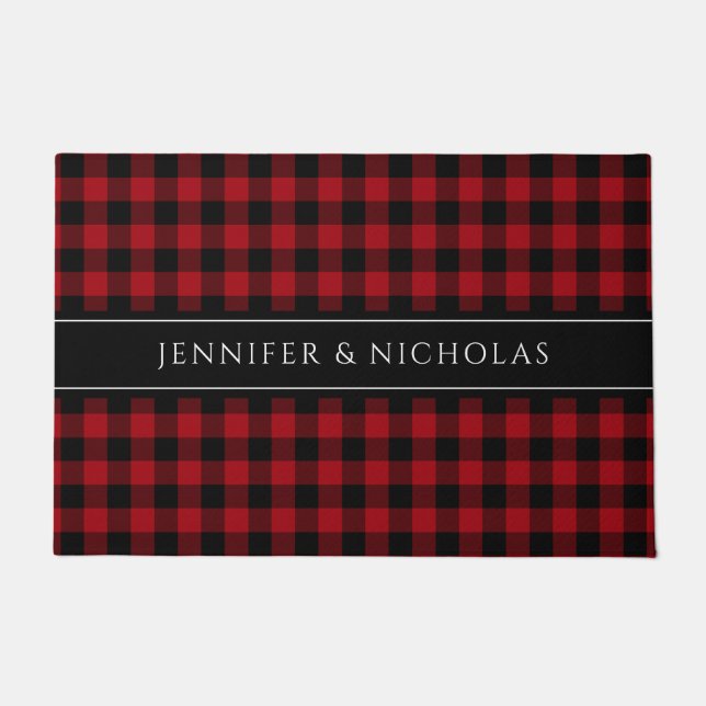 Rustic Red Plaid Gingham Naam Deurmat (Voorkant)