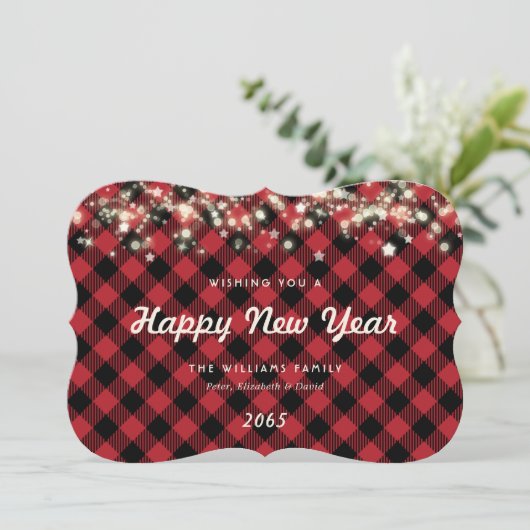 Rustic Red Plaid Lights Stars New Year Card Feestdagenkaart (Staand voorkant)