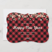 Rustic Red Plaid Lights Stars New Year Card Feestdagenkaart (Voorkant)