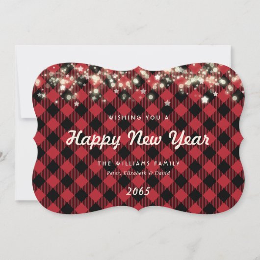 Rustic Red Plaid Lights Stars New Year Card Feestdagenkaart (Voorkant)