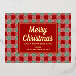 Rustic Red Plaid Merry Christmas Gold Folie Feestdagen Briefkaart