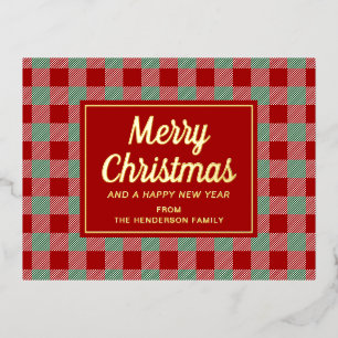 Rustic Red Plaid Merry Christmas Gold Folie Feestdagen Briefkaart