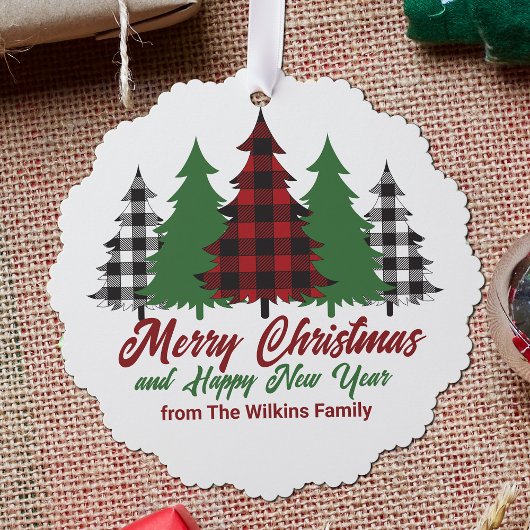 Rustic Red Plaid Merry Christmas Happy New Year Ornament Kaart