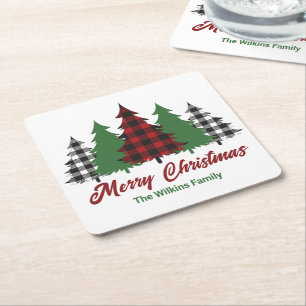 Rustic Red Plaid Merry Christmas Trees Party Kartonnen Onderzetters