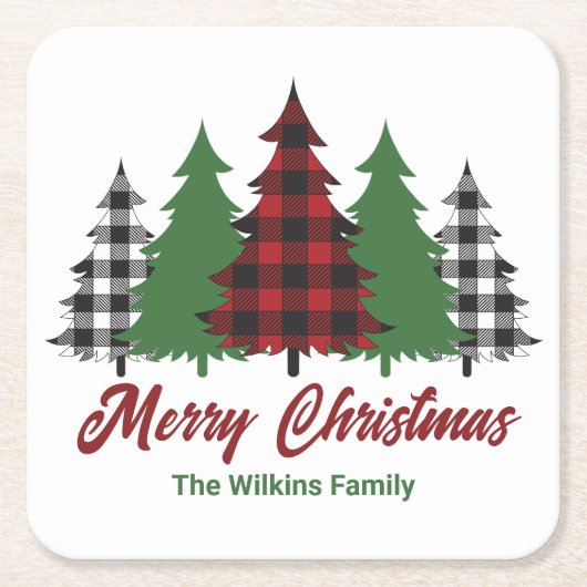 Rustic Red Plaid Merry Christmas Trees Party Kartonnen Onderzetters (Voorkant)