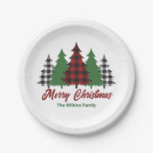 Rustic Red Plaid Merry Christmas Trees Party Papieren Bordje (Voorkant)