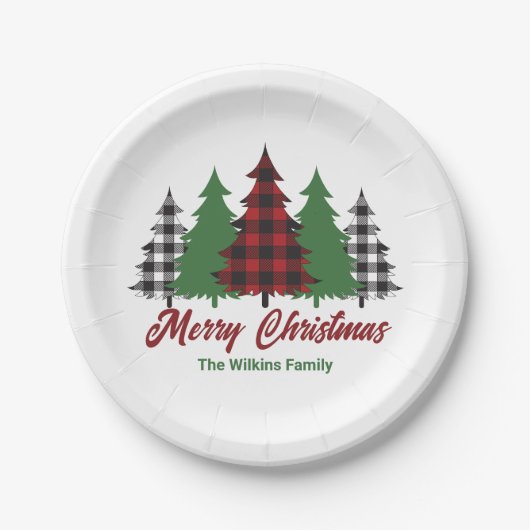 Rustic Red Plaid Merry Christmas Trees Party Papieren Bordje (Voorkant)