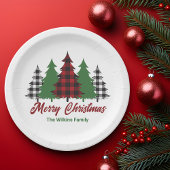 Rustic Red Plaid Merry Christmas Trees Party Papieren Bordje
