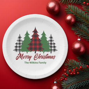 Rustic Red Plaid Merry Christmas Trees Party Papieren Bordje