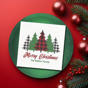 Rustic Red Plaid Merry Christmas Trees Party Servet