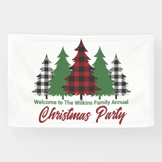 Rustic Red Plaid Merry Christmas Trees Party Spandoek (Horizontaal)