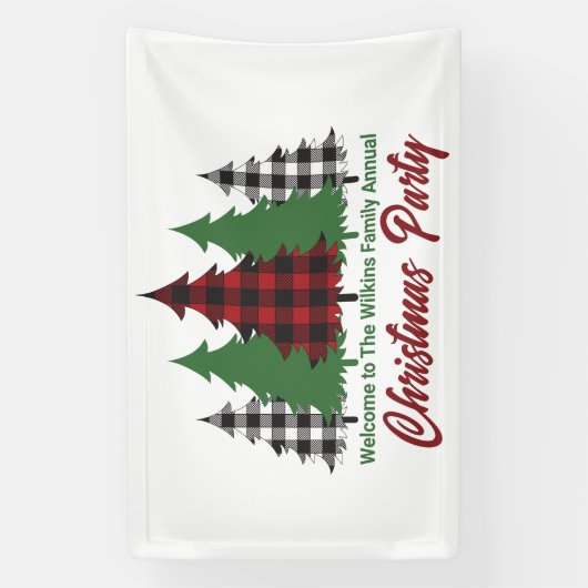 Rustic Red Plaid Merry Christmas Trees Party Spandoek (Verticaal)