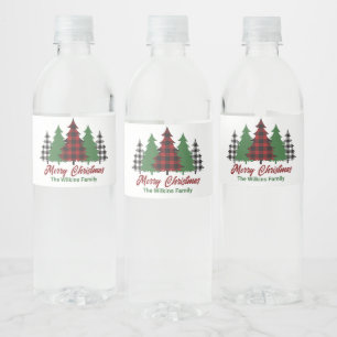 Rustic Red Plaid Merry Christmas Trees Party Waterfles Etiket