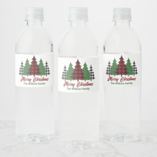 Rustic Red Plaid Merry Christmas Trees Party Waterfles Etiket (Flessen)