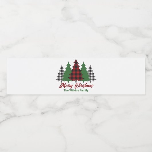 Rustic Red Plaid Merry Christmas Trees Party Waterfles Etiket (Enkel label)