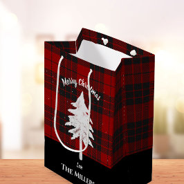 Rustic Red Plaid Naam toevoegen Vrolijk kerstvoord Medium Cadeauzakje
