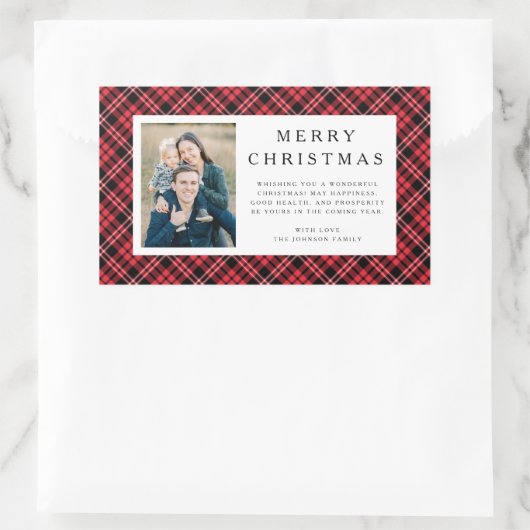 Rustic Red Plaid Photo Christmas Rechthoekige Sticker (Tas)