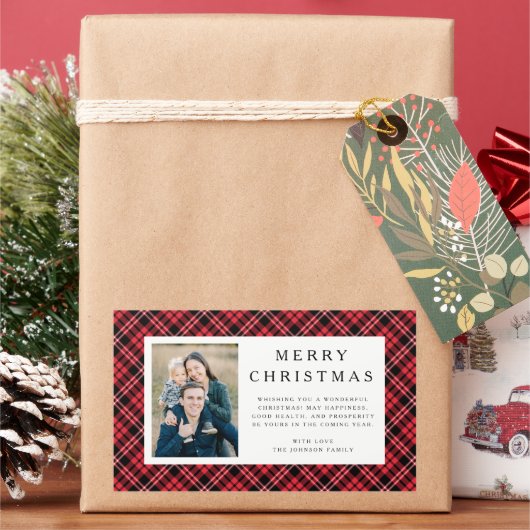 Rustic Red Plaid Photo Christmas Rechthoekige Sticker (Feestdagen)