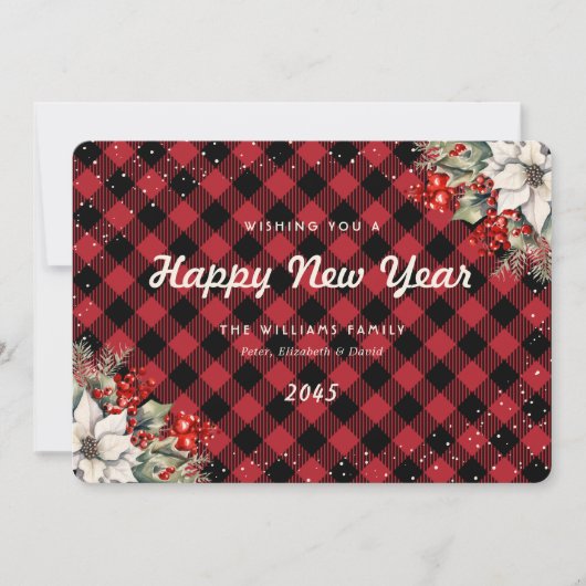 Rustic Red Plaid Snow Botanical New Year Card Feestdagenkaart (Voorkant)